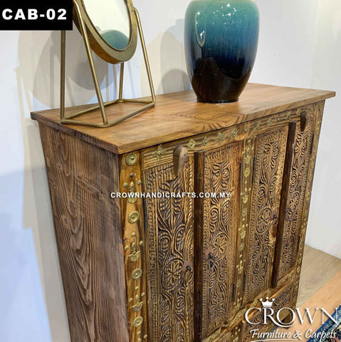 Solid Wood Antique Style Cabinet with 2 Doors 2 Drawers Brass Accents, Ideal Living Room Furniture Teak Cabinet in Kuala Lumpur | CAB-02 (L37 W16 H42 Inches)
