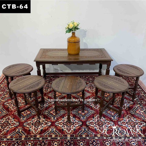Amazing 5-stool Slot in out Style Coffee Table, Perfect for Multiple usage in Living Room, Solid Wood Table, Accent with Hand Carving and Brass inlay | CTB-64 (L40 W20 H21 Inches)