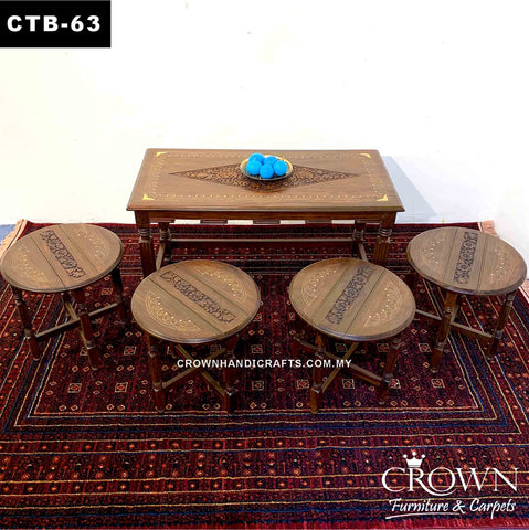 Amazing 4-stool Slot in out Style Coffee Table, Perfect for Multiple usage in Living Room, Solid Wood Table, Accent with Hand Carving and Brass inlay | CTB-63 (L36 W18 H21 Inches)