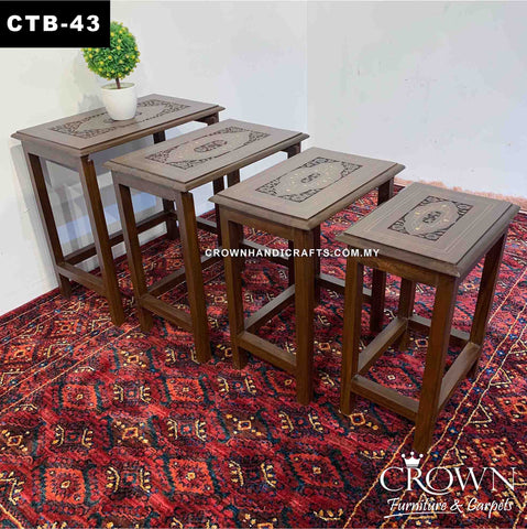 Nest of 4 Tables Slot into each other to become individual side table, Perfect for Multiple Usage for your Living Room, Accent with Brass Inlay and Hand Carving | CTB-43 (L21 W15 H21 Inches)