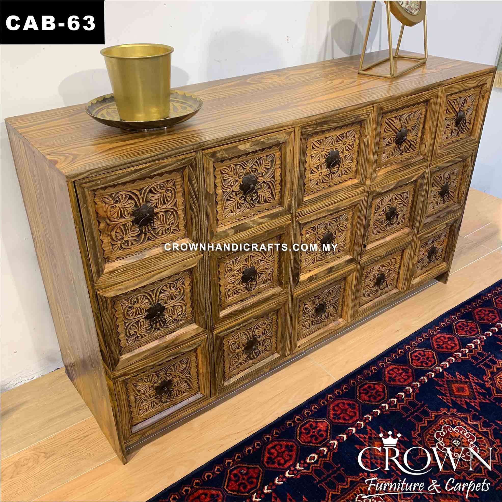 Vintage Style Cabinet 15 Drawers Hand Carved Antique Metal Accent Knobs, Create Your Home Impression with Style! Solid Wood Furniture Shop in Malaysia | CAB-63 (L60 W18 H36 Inches)