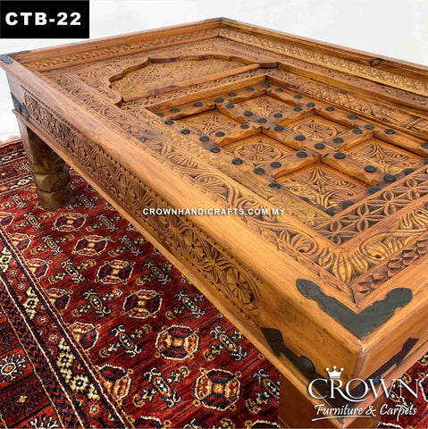 Antique Indian Haveli Door Style Coffee Table Solid Wood, Featured with Hand Carving and Brass Metal Ornaments | CTB-22 (L48 W32 H18 Inches)