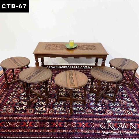 Amazing 5-stool Slot in out Style Coffee Table, Perfect for Multiple usage in Living Room, Solid Wood Table, Accent with Hand Carving and Brass inlay | CTB-67 (L40 W20 H21 Inches)