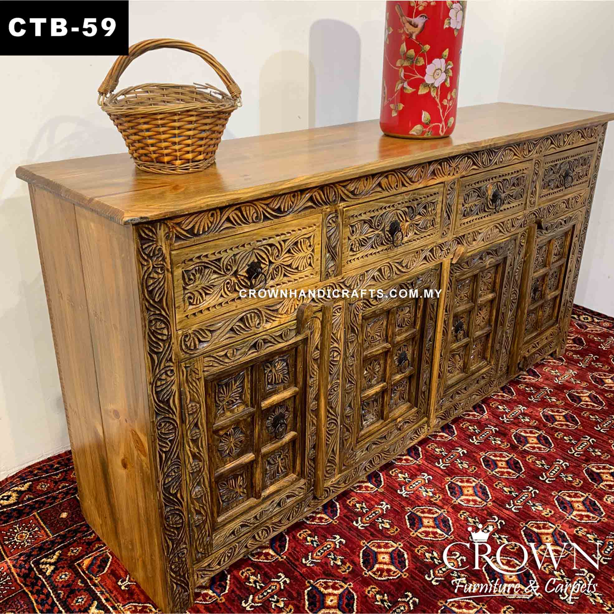Antique Sideboard Cabinet Indian Haveli Door Design, Spacious and Essential Living Room and Dining Room Furniture Shop in Malaysia | CAB-59 (L72 W17.5 H27 Inches)