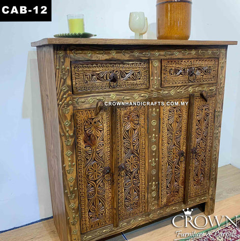 Solid Wood Antique Style Cabinet with 2 Doors 2 Drawers Brass Accents, Ideal Living Room Furniture Teak Cabinet in Kuala Lumpur | CAB-12 (L37 W17 H40 Inches)