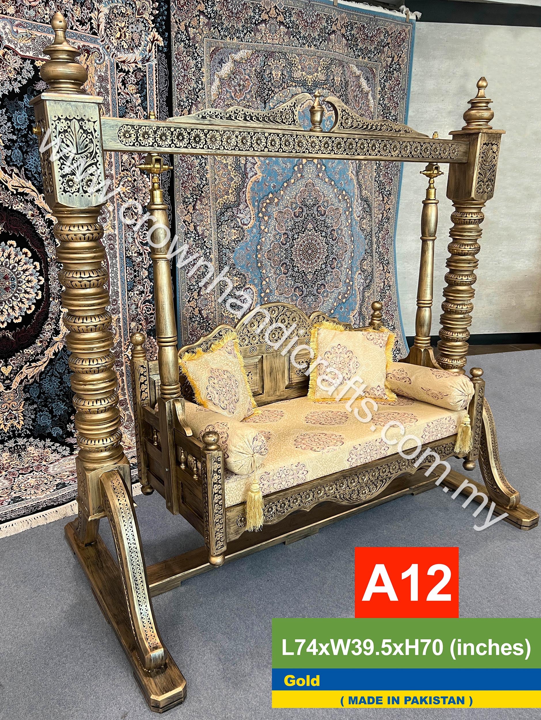 Premium Rosewood Maharaja Swing 2-Seater Handcrafted Heirloom for Discerning Indian & Pakistani Interior Design - A12 Gold