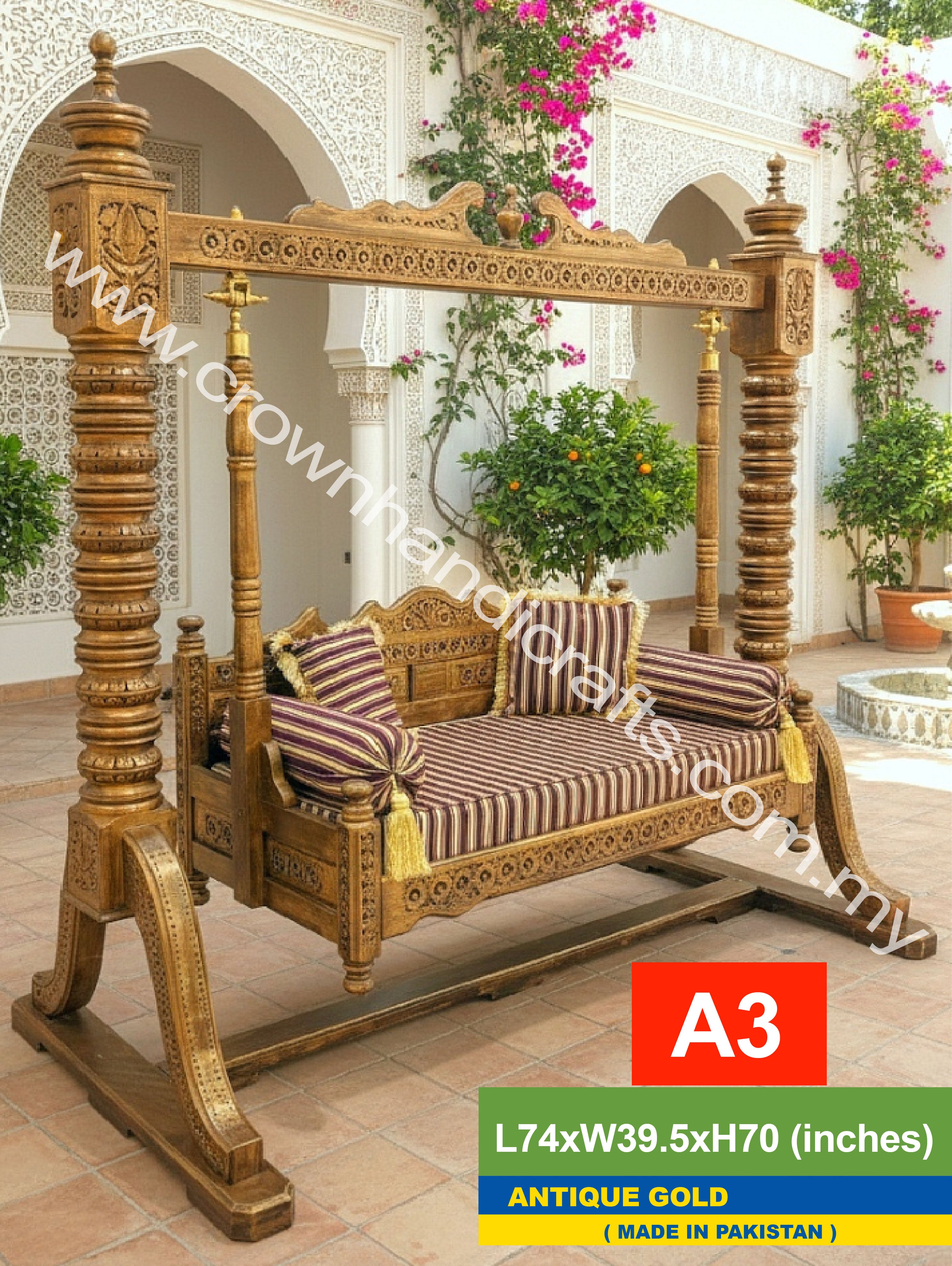 Maharaja Heritage Swing – 2-Seater Rosewood Elegance | Classic South Asian Artistry Meets Modern Living - A3 GOLD