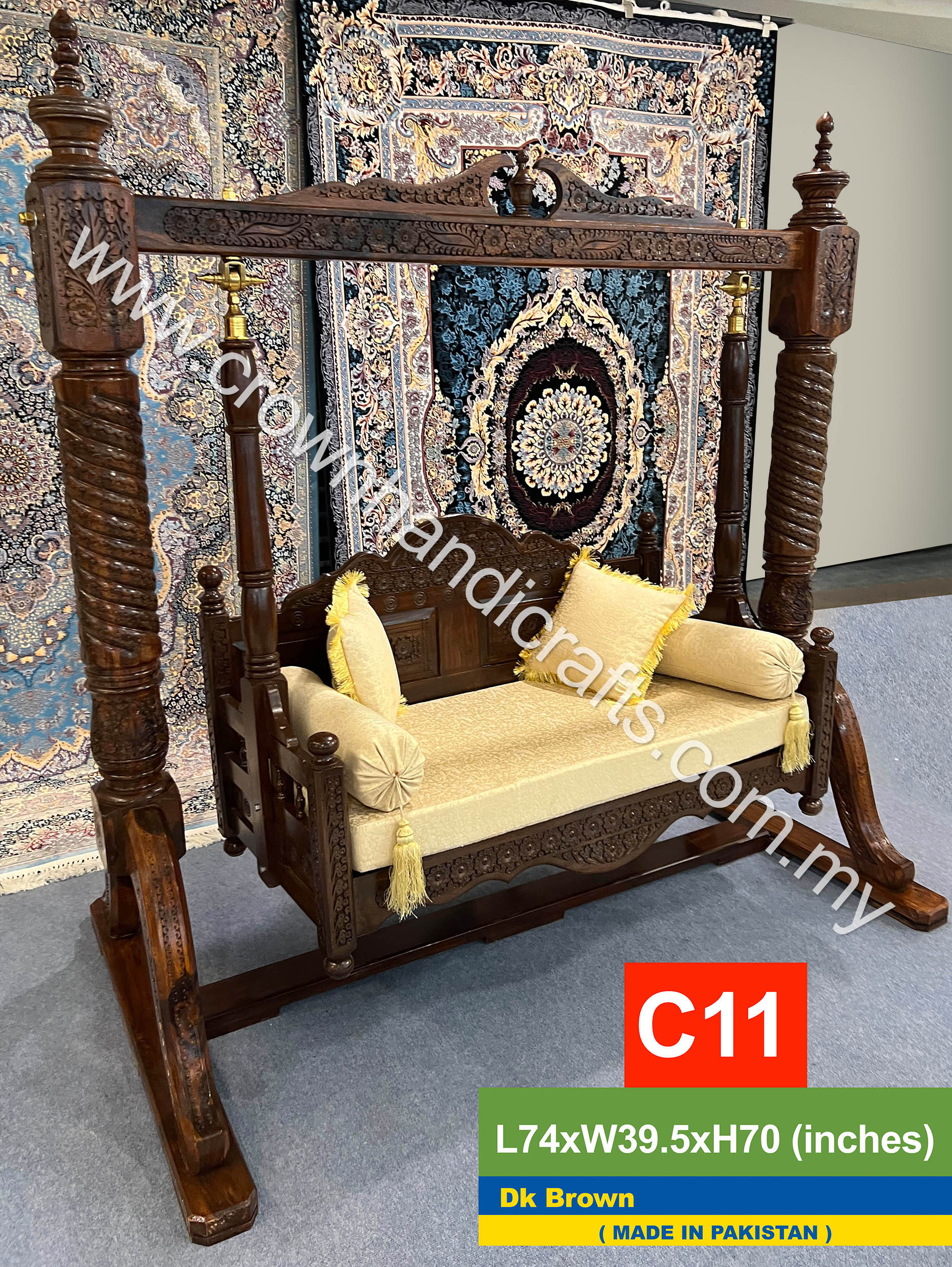 Luxury Maharaja Swing 2-Seater Premium Rosewood, Handcrafted for Discerning Homes Bridging Tradition & Modernity - C11 Dk Brown