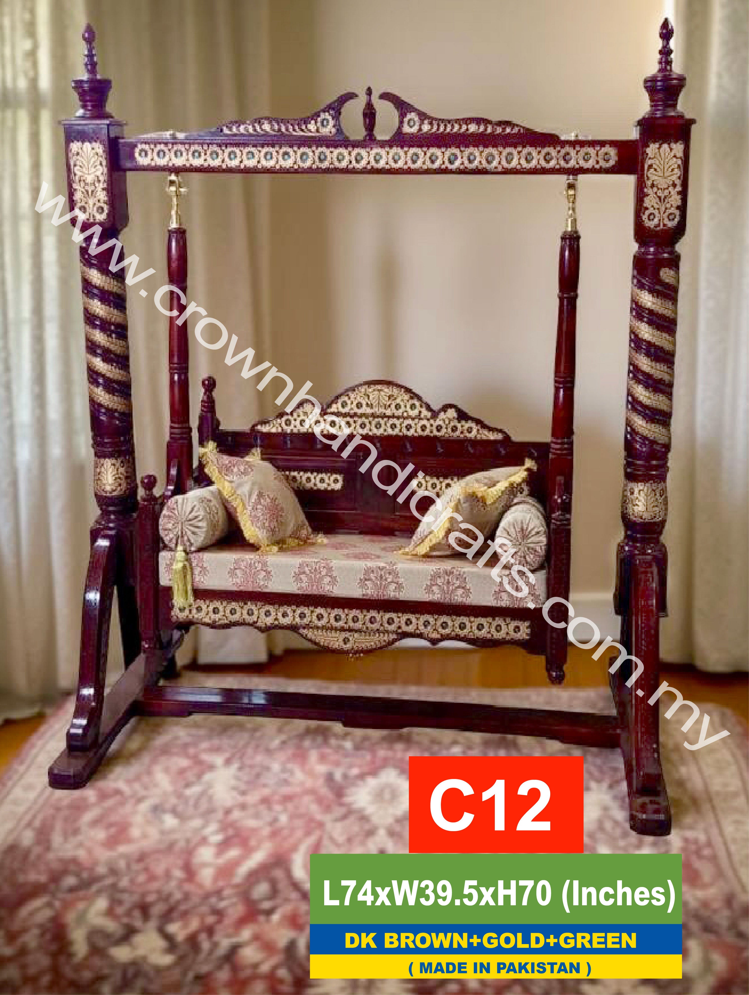 Maharaja Heritage Swing – Handcrafted 2-Seater Rosewood Elegance | Classic South Asian Artistry for Modern Luxury Living - C12 (D.BROWN+GOLD+GREEN)