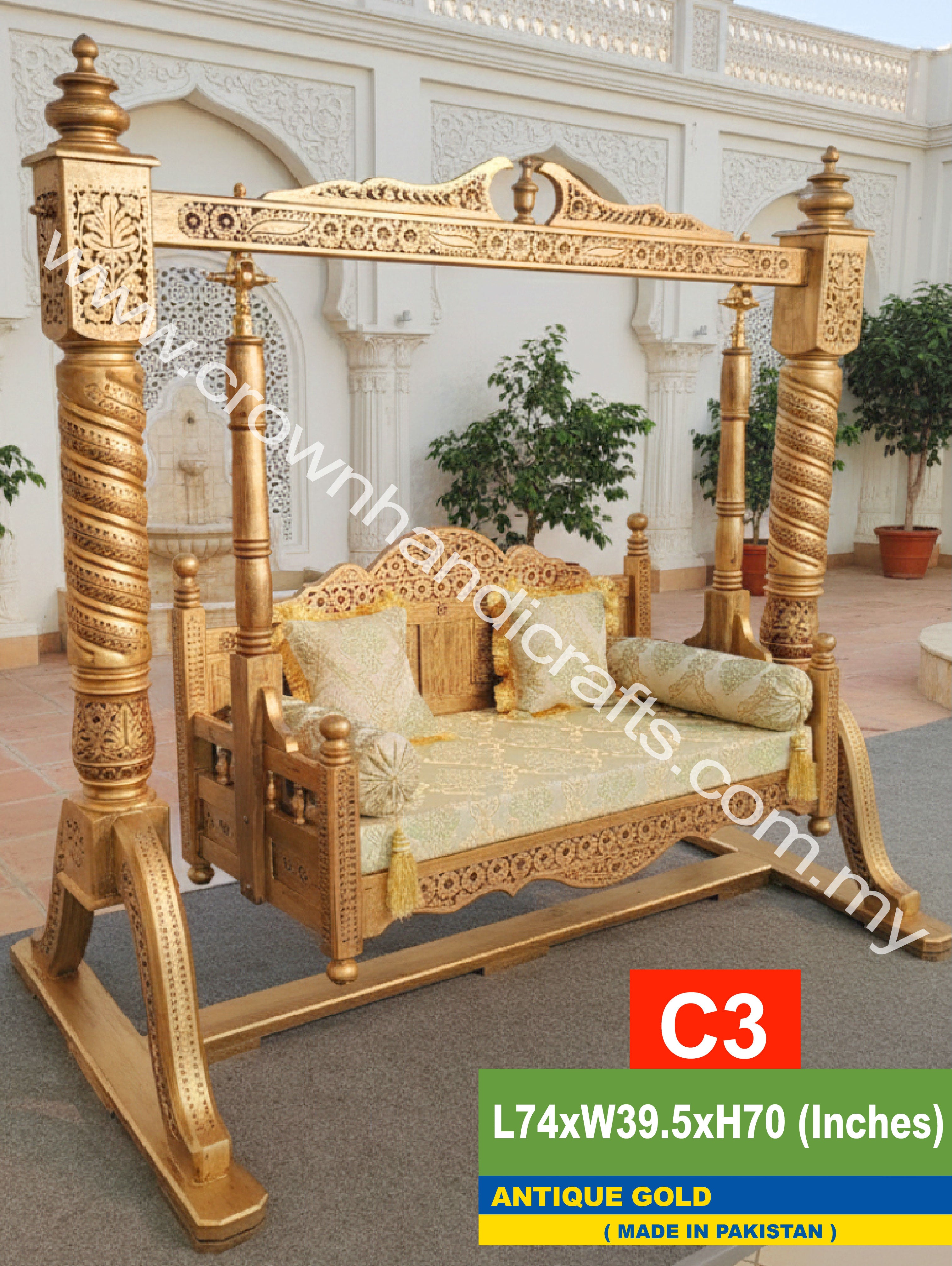 Maharaja Heritage Swing – 2-Seater Rosewood Elegance | Classic South Asian Artistry Meets Modern Living - C3 (ANTIQUE GOLD)