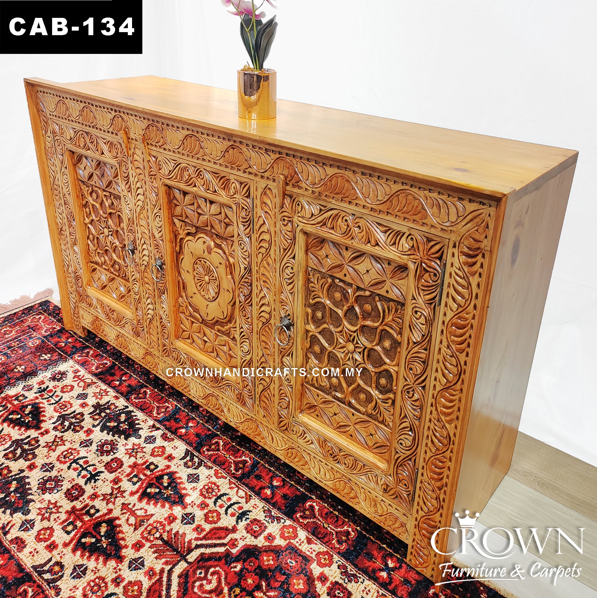 Vintage Style Cabinet Sideboard Solid Wood Hand Carved Medalion, Antique Wood Penang Style Furniture Teak Cabinet in Kuala Lumpur | CAB-134 (L60 W18 H36 Inches)