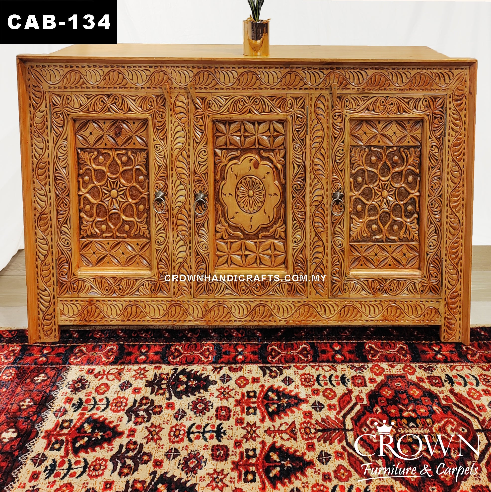 Vintage Style Cabinet Sideboard Solid Wood Hand Carved Medalion, Antique Wood Penang Style Furniture Teak Cabinet in Kuala Lumpur | CAB-134 (L60 W18 H36 Inches)