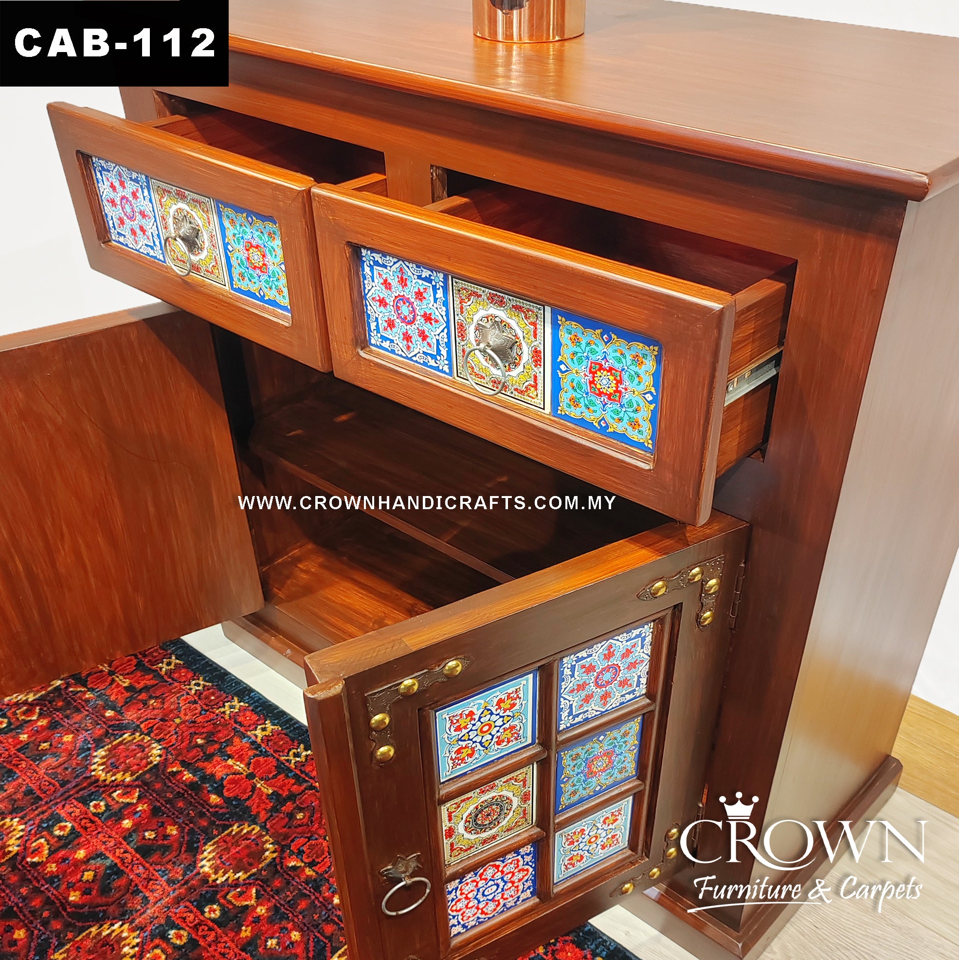 Boho Accent 2 Doors 2 Drawers Wooen Cabinet, Hand-Painted by Artisans | Shop Wooden Furniture in Kuala Lumpur Malaysia | CAB-112 (L36 W15 H38 Inches)