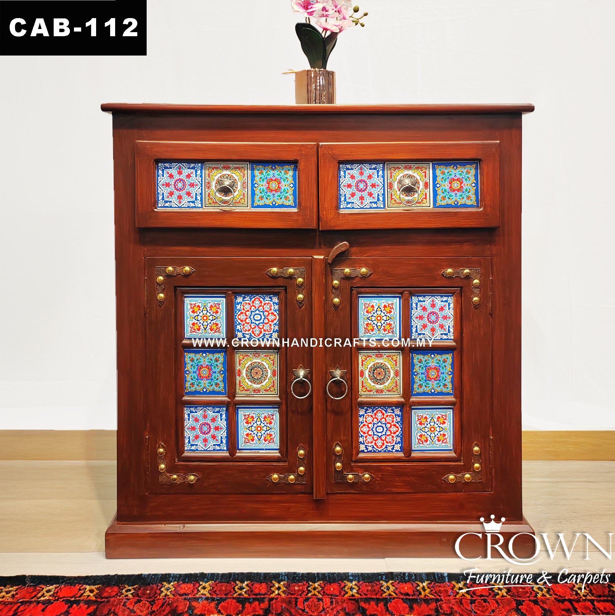 Boho Accent 2 Doors 2 Drawers Wooen Cabinet, Hand-Painted by Artisans | Shop Wooden Furniture in Kuala Lumpur Malaysia | CAB-112 (L36 W15 H38 Inches)