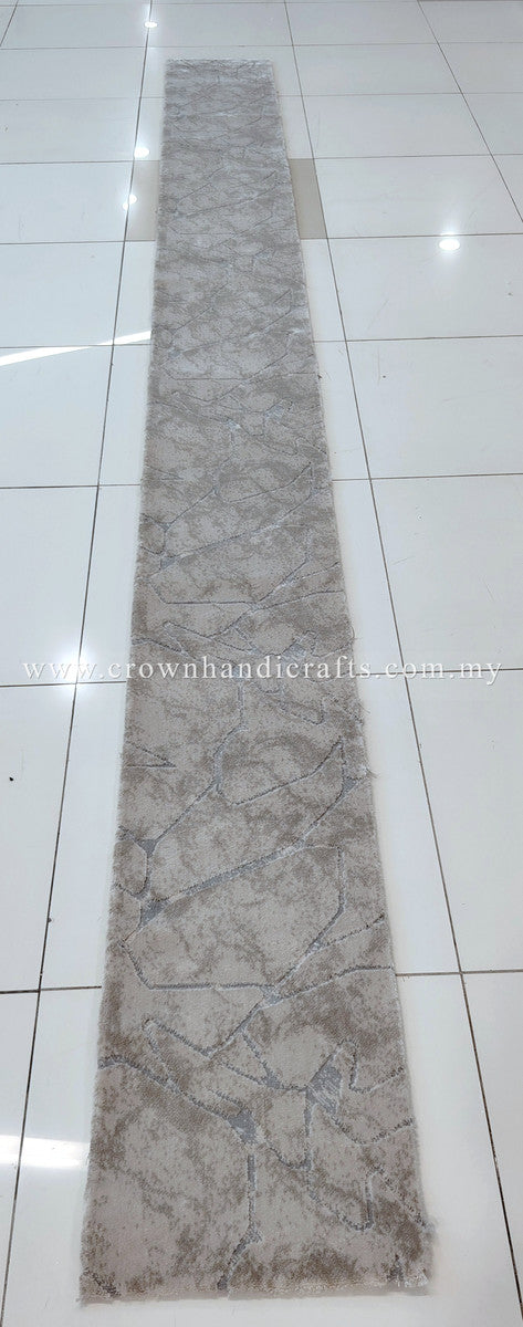 Narrow extra-long beige runner rug with abstract motif and textured surface