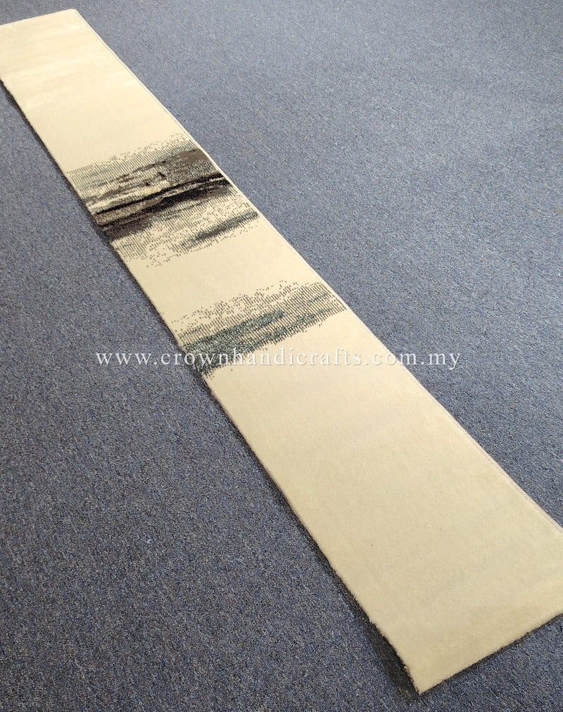 Cream narrow runner rug with weathered horizontal stripe texture and stitched edge