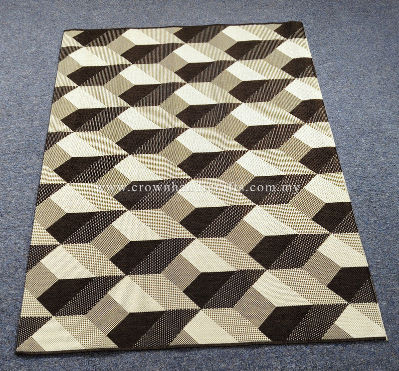 Geometric area rug with interlocking cubes pattern in black, white and beige.