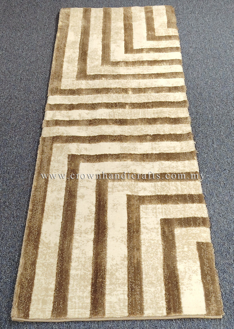 Beige hallway runner rug with cream field and brown linear geometric pattern
