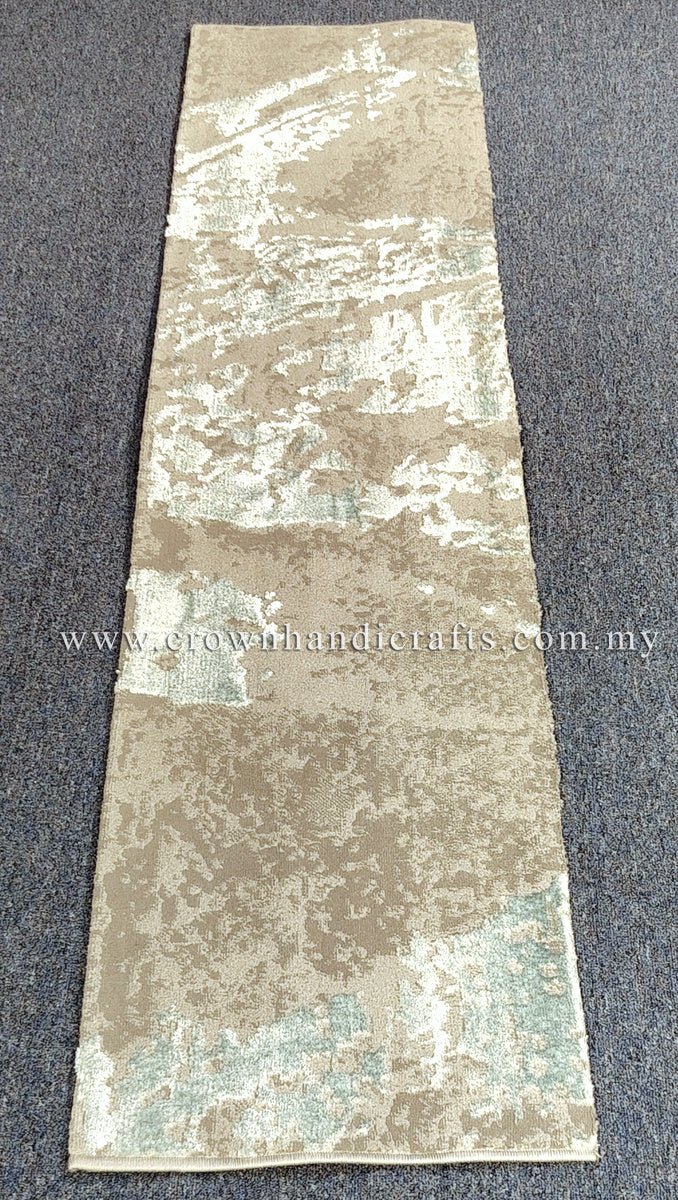 Runner rug with cream background and light blue abstract motifs, trimmed border