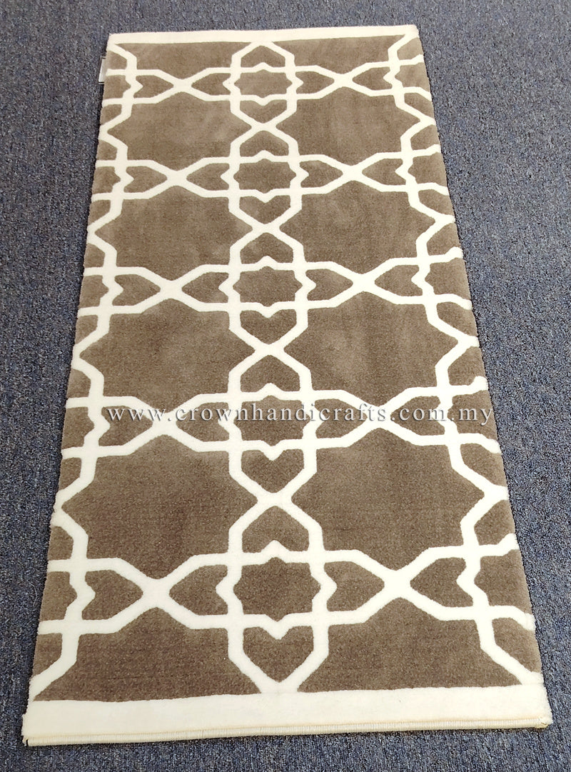 Modern grey-brown runner rug with white lattice pattern, cream edging, rectangular shape.