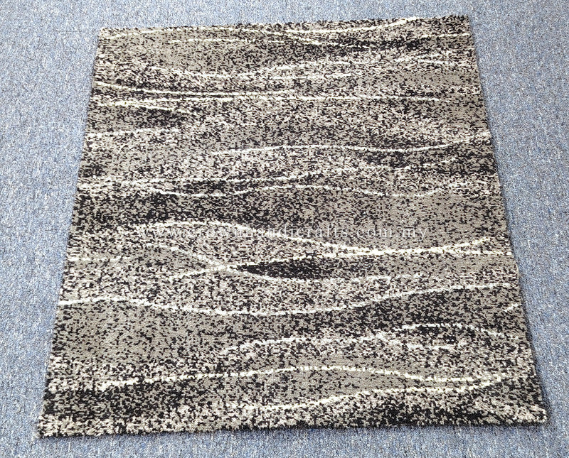 Abstract accent rug with beige base and black, gray horizontal wave stripes