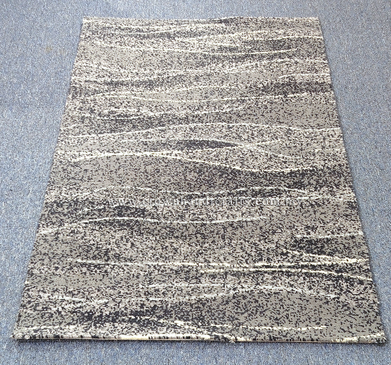 Abstract area rug, cream base with dark charcoal marbled horizontal stripe pattern