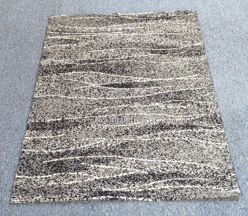 Abstract area rug centered, cream and dark charcoal horizontal striations pattern