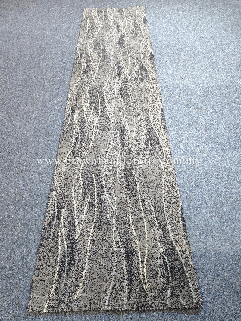 Extra-long abstract runner rug with wavy vertical lines in gray and cream