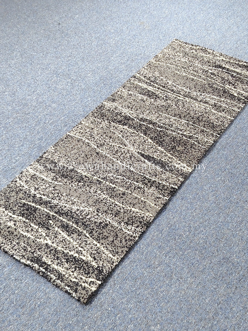 Beige abstract runner rug with thin dark horizontal stripes, angled top view