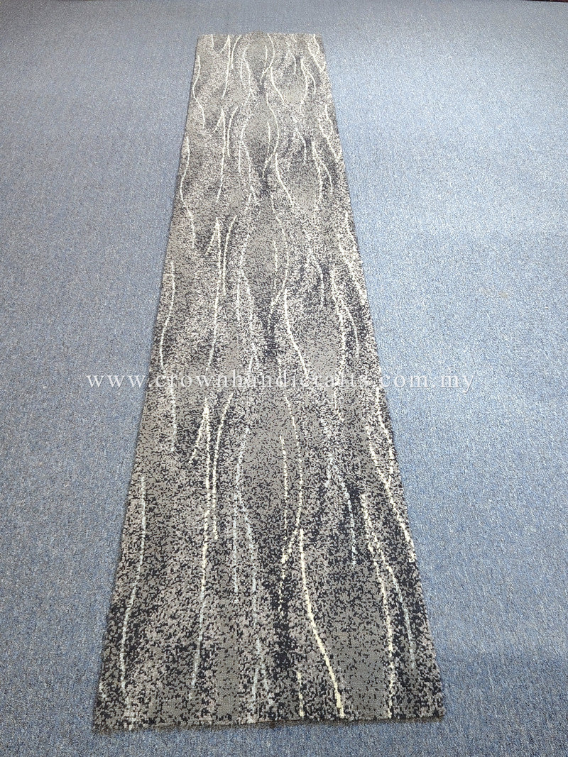 Long abstract runner rug with vertical wavy white lines on light gray background