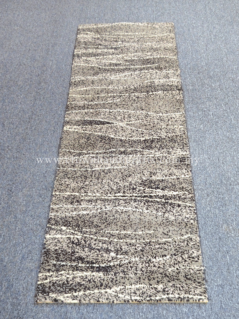 Runner rug: beige and black speckled abstract horizontal stripe pattern, straight view.
