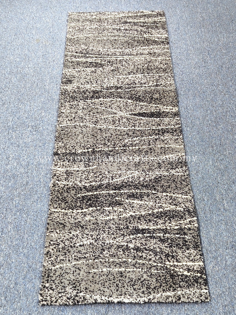 Runner rug: beige and black speckled abstract stripes, full view.