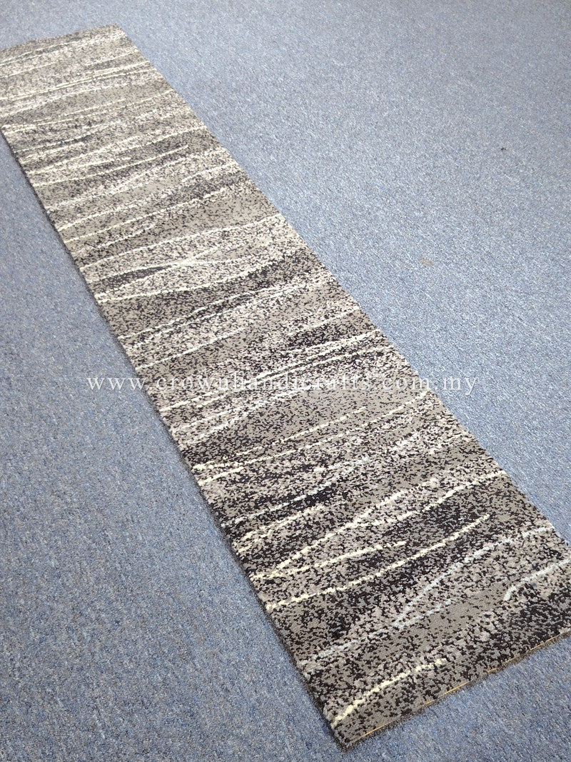 Abstract runner rug with long striped bands in light and dark gray tones