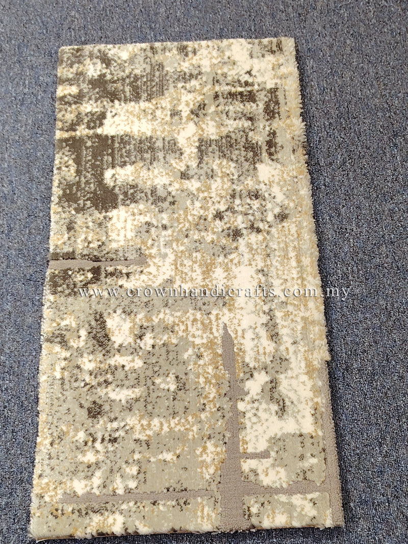 Compact grey mat rug, centered distressed pattern in beige with dark highlights