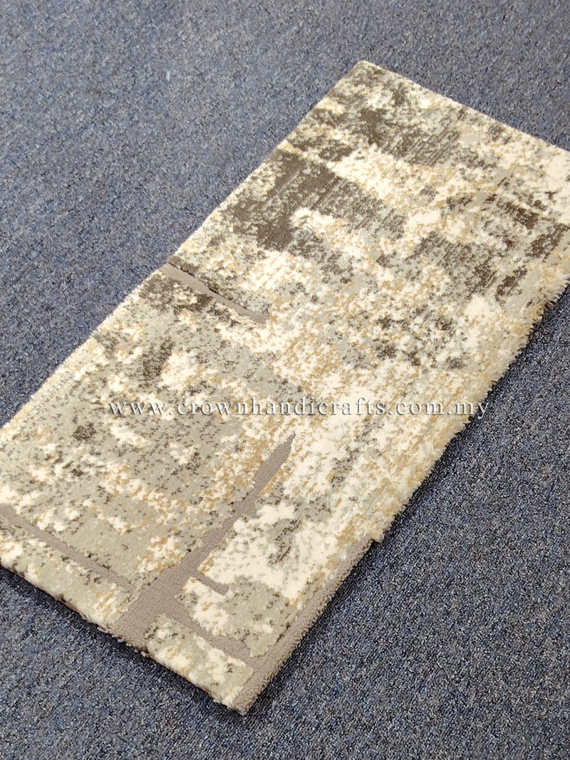 Compact grey mat rug, beige distressed lines and blocks with dark accents