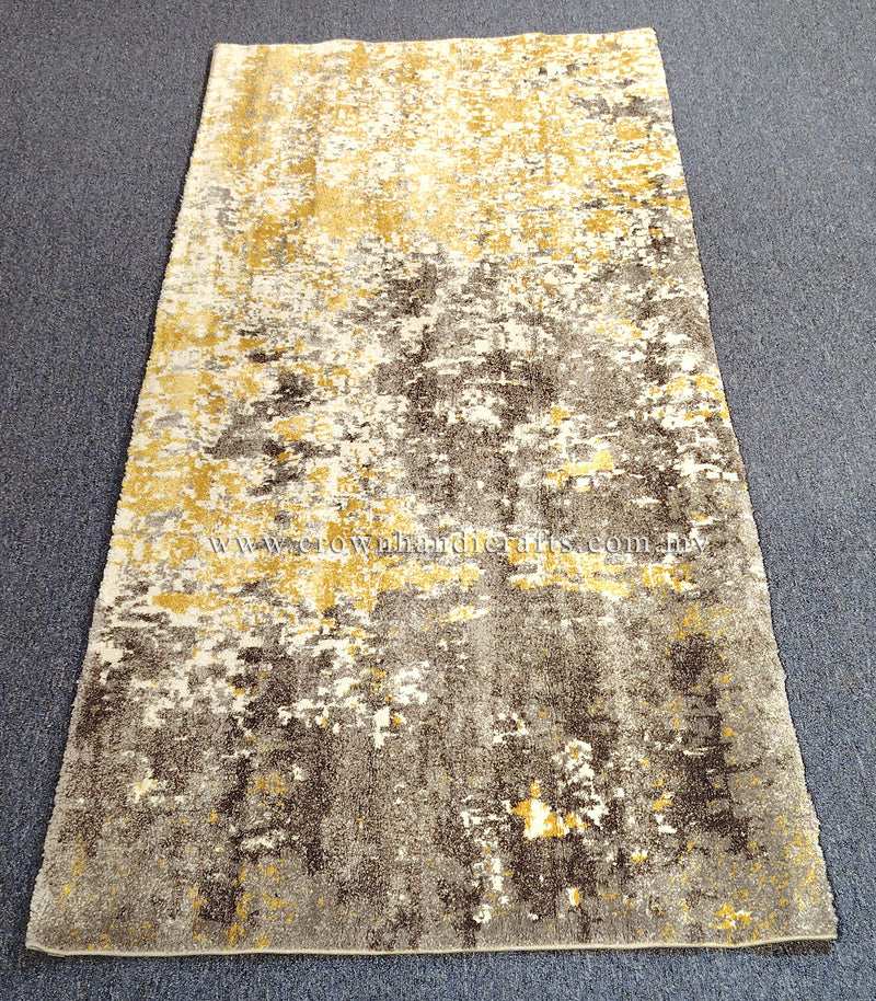 Hallway runner rug with grey and yellow abstract speckle design and flat, textured surface