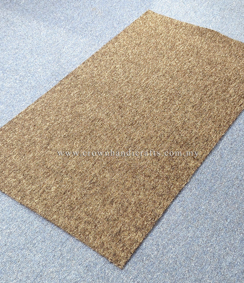 Rectangular brown-tan rug, flat weave texture with stitched edges, no pattern