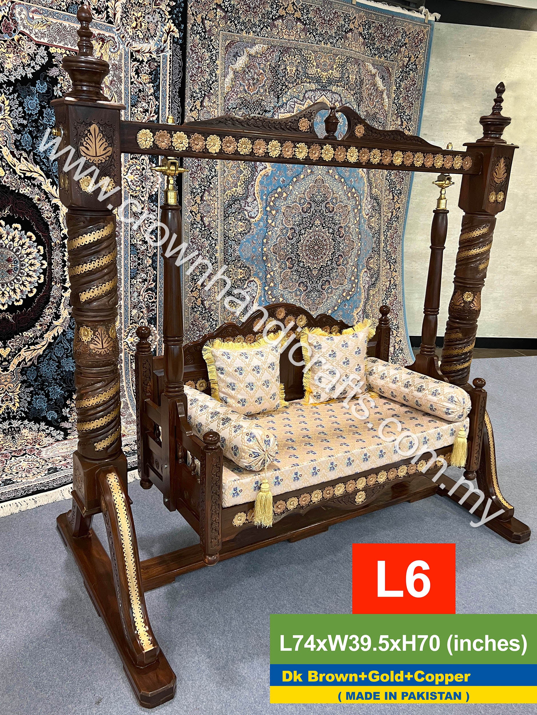 Maharaja Swing 2-Seater: Artisanal Rosewood Masterpiece Timeless Indian & Pakistani Craftsmanship Meets Modern Luxury - L6 Dk Brown + Gold + Copper