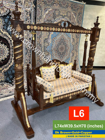 Maharaja Swing 2-Seater: Artisanal Rosewood Masterpiece Timeless Indian & Pakistani Craftsmanship Meets Modern Luxury - L6 Dk Brown + Gold + Copper
