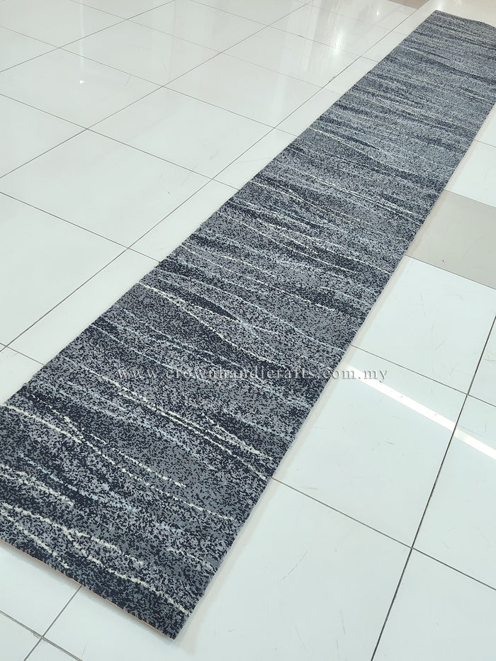 Long abstract runner rug, dark blue-gray with layered stripe and speckle pattern