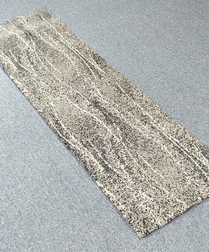 Abstract narrow runner rug with light beige and gray distressed stripe motif