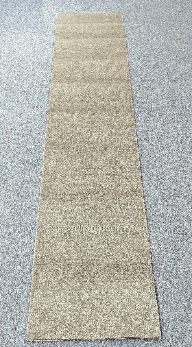 Beige runner rug with subtle horizontal texture stripes and straight stitched edges