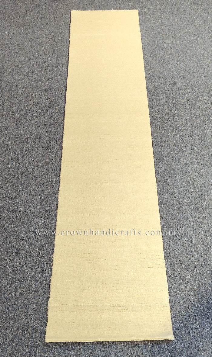 Beige runner rug, full length view with uniform flat woven pile