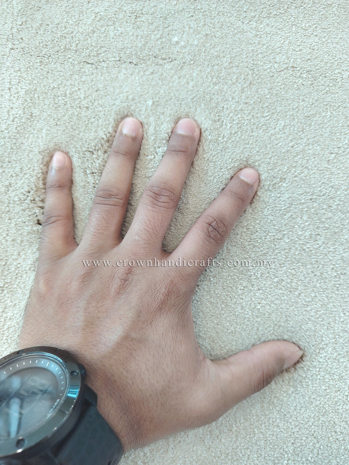 Oatmeal beige soft area rug with plush pile texture and tight surface detail