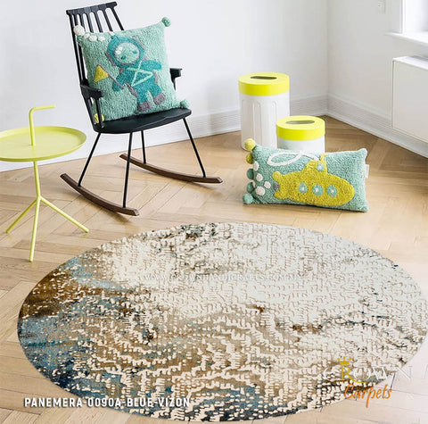 Trendy Living Room Round Carpet for Modern Sofa Interior | Panemera 0090A Blue Vizon