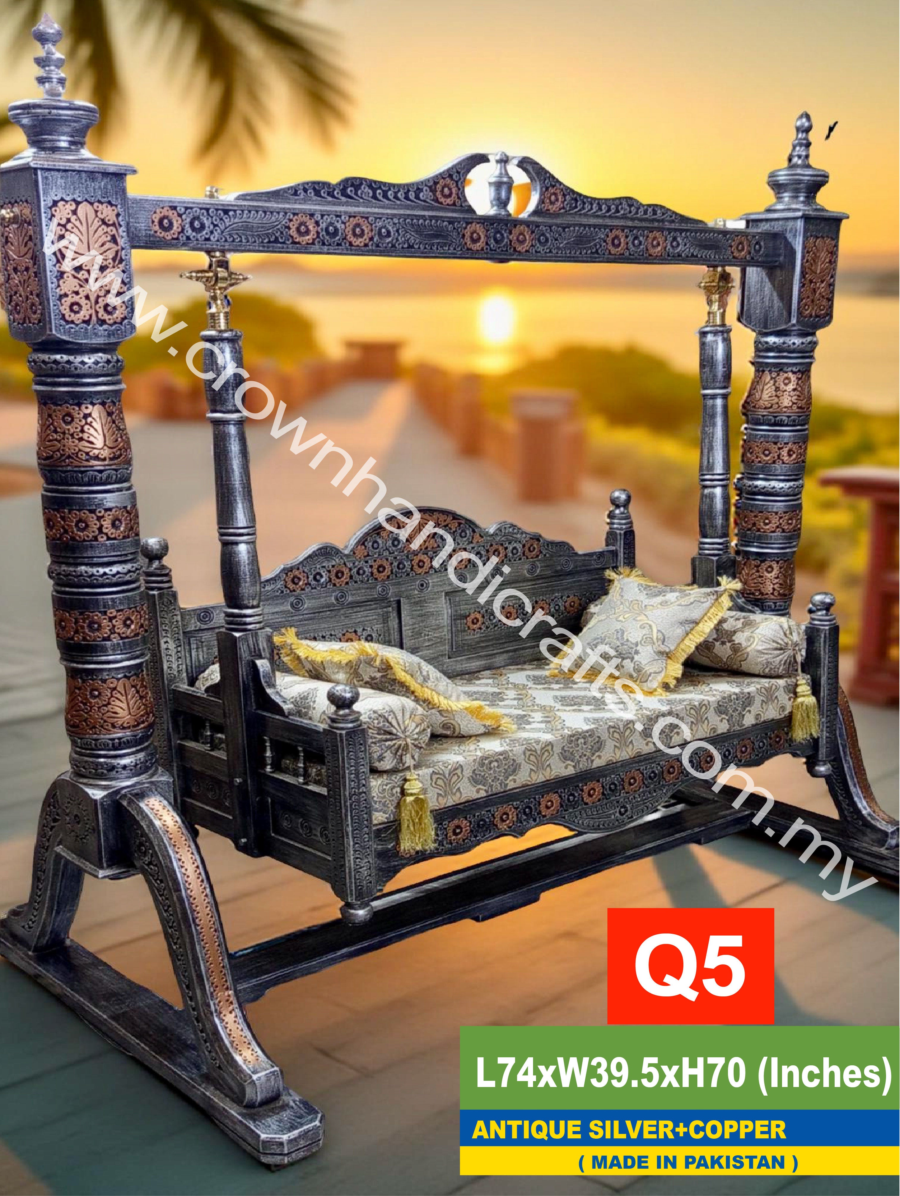 Maharaja Heritage Swing – 2-Seater Rosewood Elegance | Classic South Asian Artistry Meets Modern Living - Q5 (ANTIQUE SILVER+COPPER)