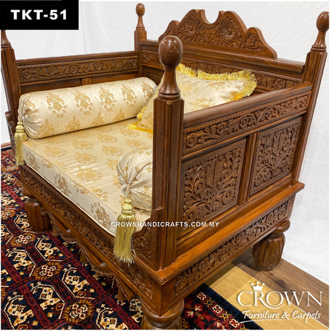 Hand-Carved Solid Wood Throne Sofa: Single-Seater Takht for Living Room Makeovers | Plush Fabric Cushions & Pillows | TKT-51 (L36 W27 H37 Inches)