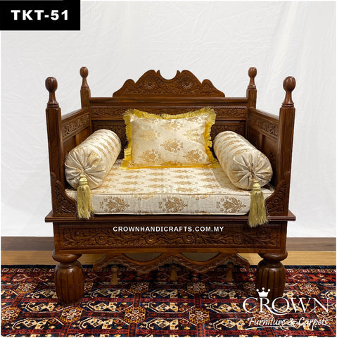 Hand-Carved Solid Wood Throne Sofa: Single-Seater Takht for Living Room Makeovers | Plush Fabric Cushions & Pillows | TKT-51 (L36 W27 H37 Inches)