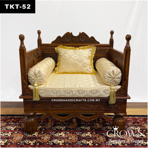 Hand-Carved Solid Wood Throne Sofa: Single-Seater Takht with Plush Cushions & Pillows | Living Room Makeover | TKT-52 (L36 W27 H37 Inches)
