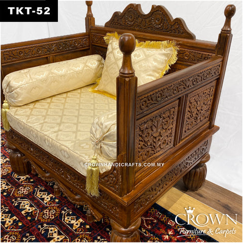 Hand-Carved Solid Wood Throne Sofa: Single-Seater Takht with Plush Cushions & Pillows | Living Room Makeover | TKT-52 (L36 W27 H37 Inches)